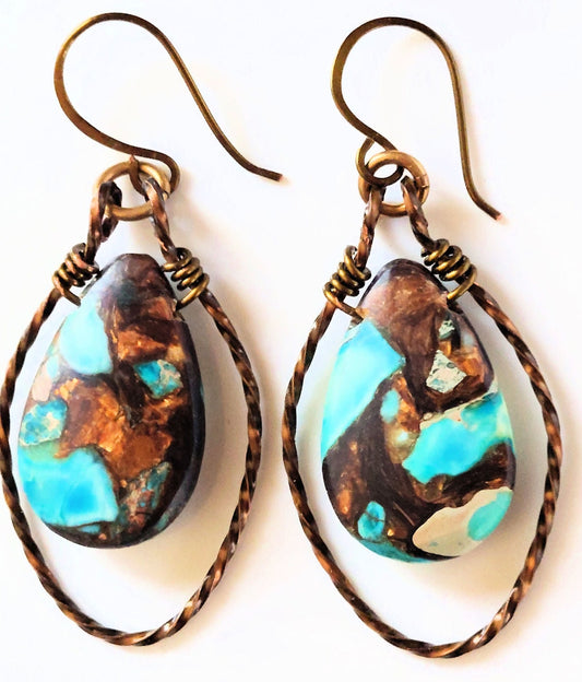 Teal Impression Jasper & Bronzite Teardrop in Twisted Wire Frame Earrings