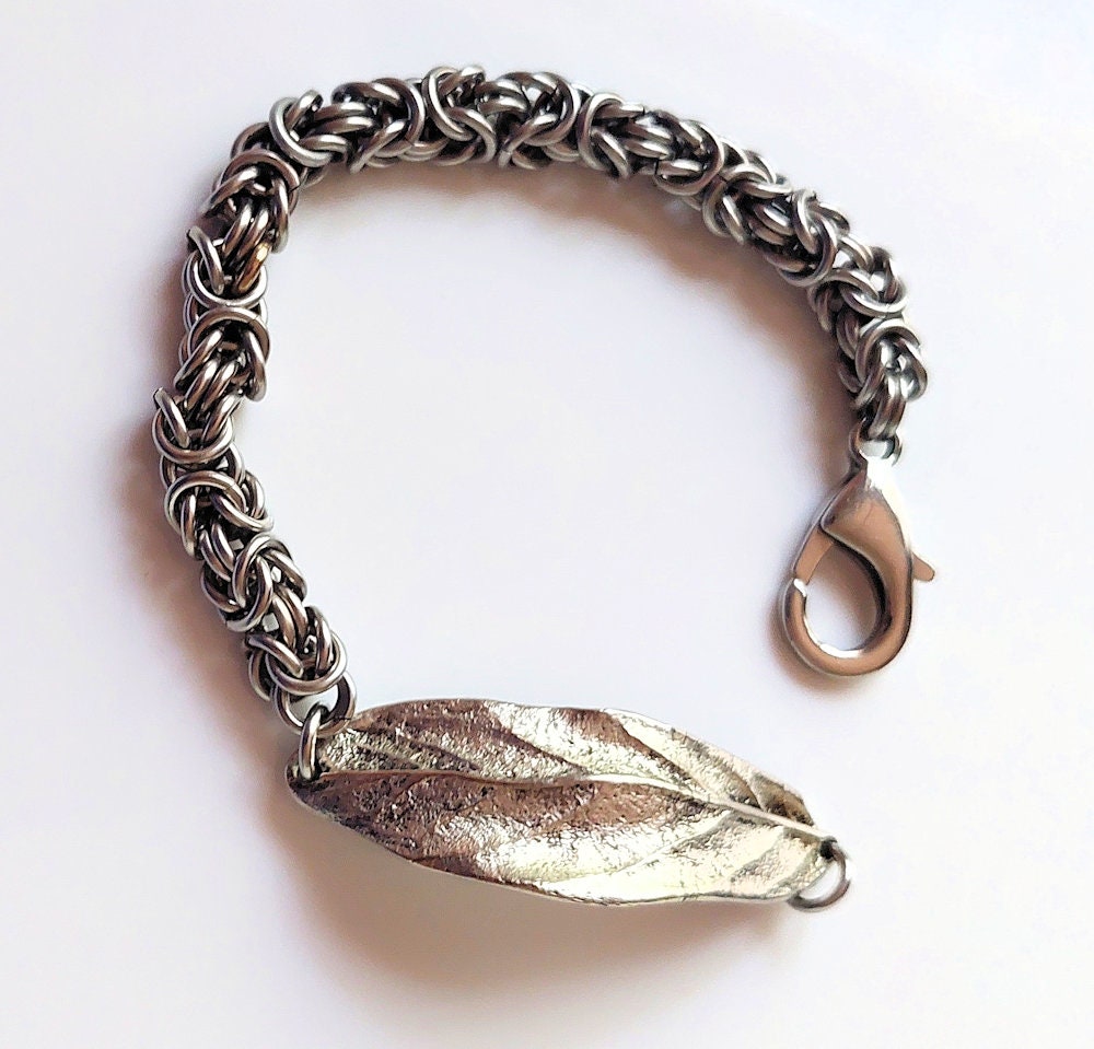 Sterling Silver-Plated Pewter Leaf Focal Stainless Steel Byzantine Chain Maille Bracelet