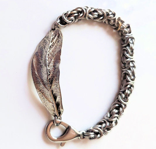 Sterling Silver-Plated Pewter Leaf Focal Stainless Steel Byzantine Chain Maille Bracelet