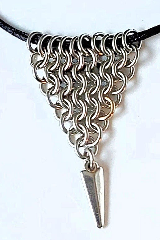 Stainless Steel Chain Maille Leaf/Half-Diamond Pendant w/Silver Spike & Bolo Tie Necklace