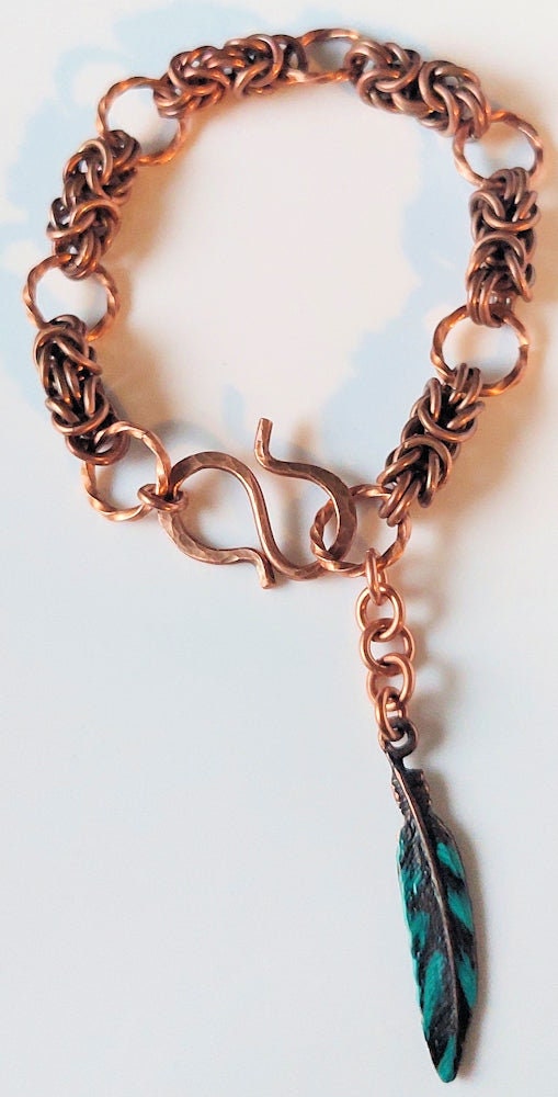 Copper Byzantine Chain Maille Bracelet w/Feather Charm