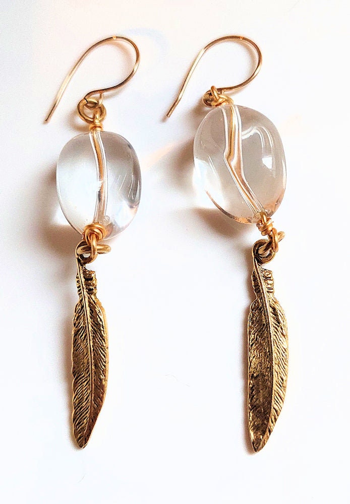 Clear Quartz & Golden Feather Earrings