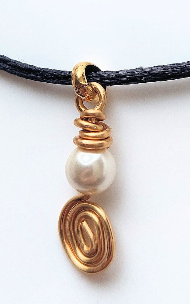 Layered Silk Cord Golden Brass Spiral & Swarovski Crystal Pearl Pendant Necklace OOAK