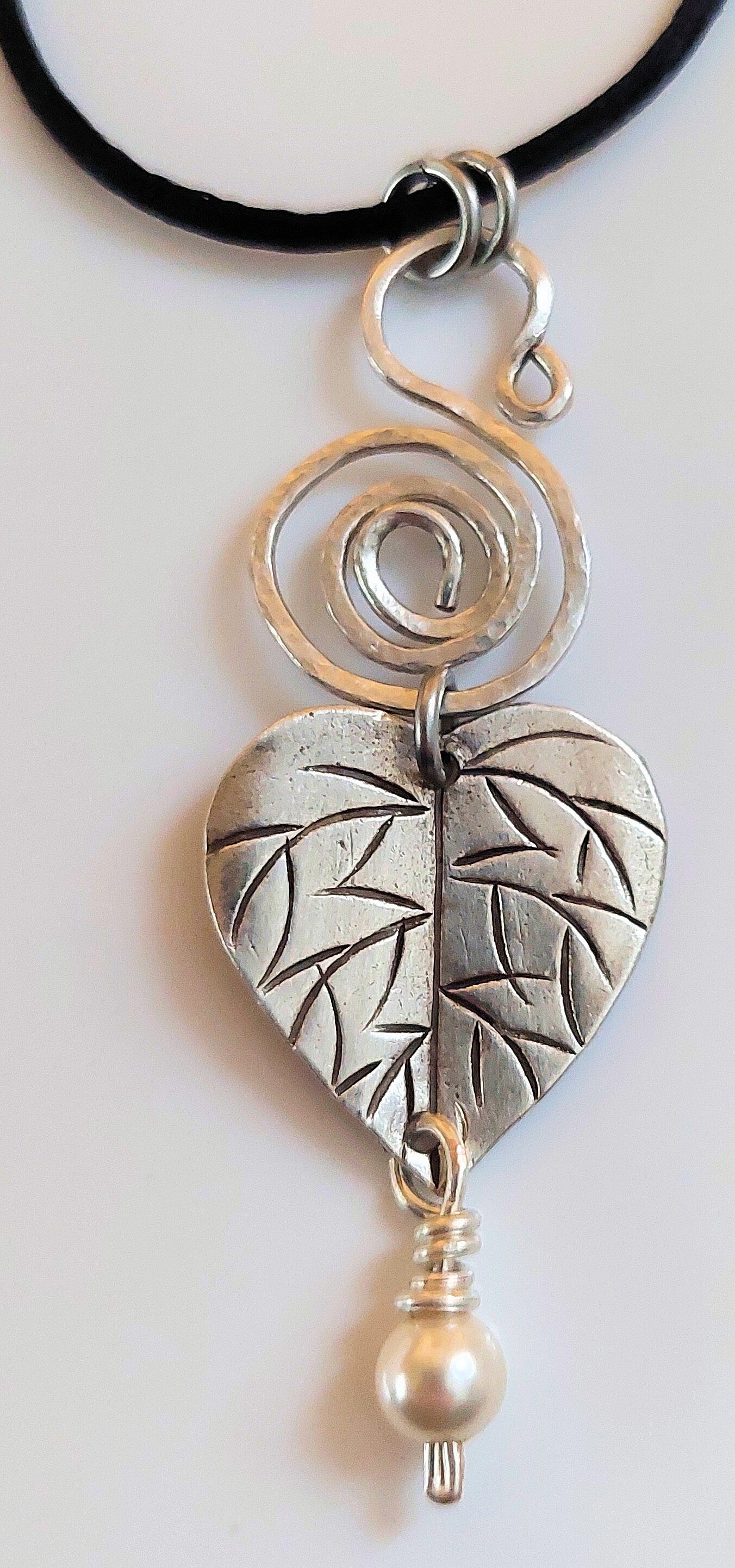 Silver-fill Spiral, Hill Tribe Silver Leaf & Swarovski Crystal Pearl Pendant Necklace OOAK