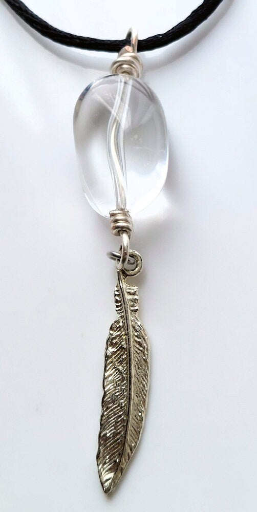 Polished Clear Quartz Stone & Silver-plated Pewter Feather Pendant Necklace