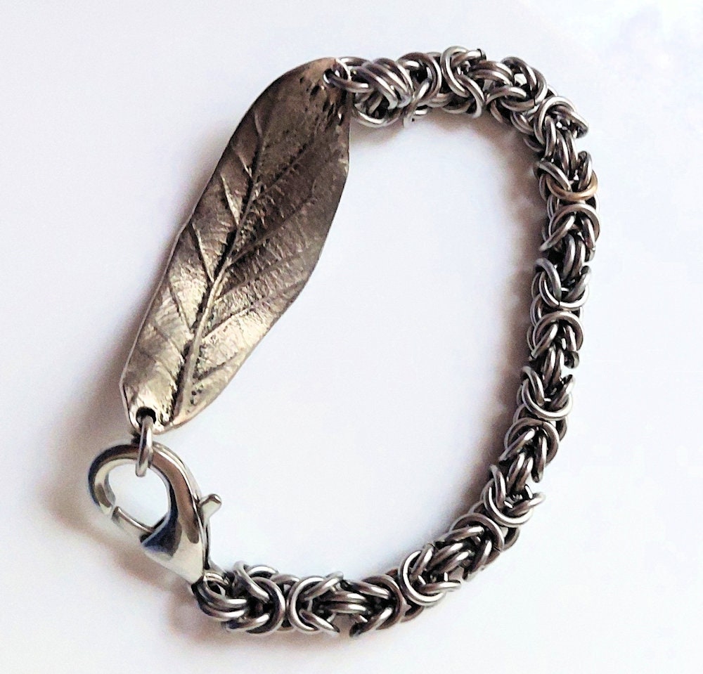 Sterling Silver-Plated Pewter Leaf Focal Stainless Steel Byzantine Chain Maille Bracelet