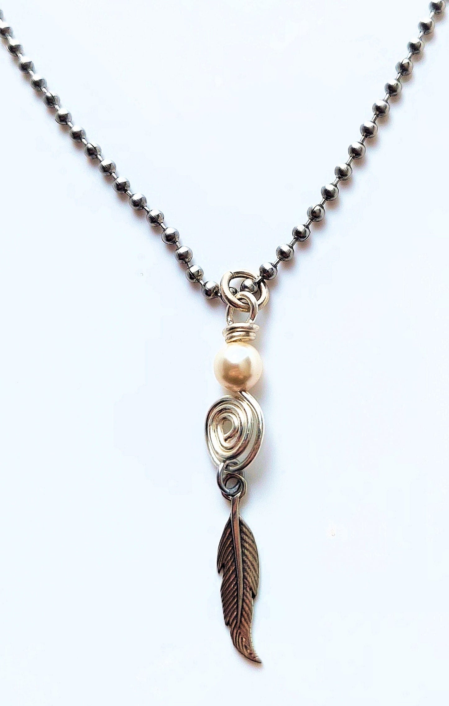 Silver-fill Spiral, Swarovski Crystal Pearl and Sterling Silver Feather Pendant Necklace OOAK