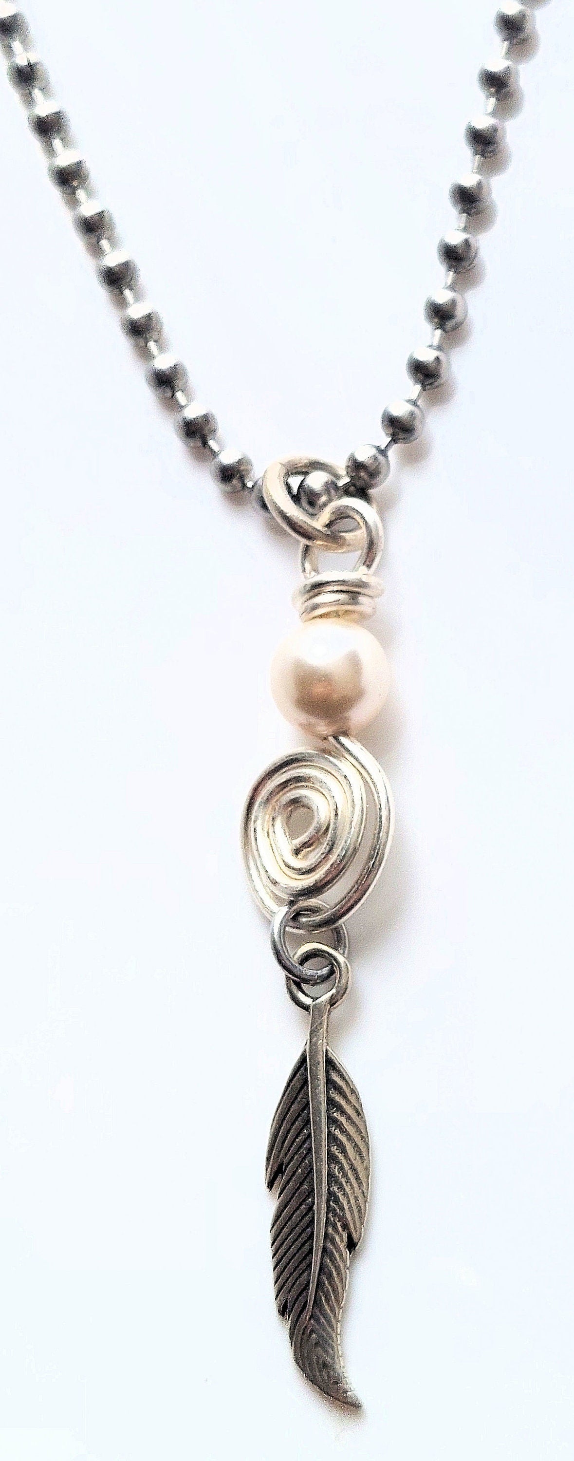 Silver-fill Spiral, Swarovski Crystal Pearl and Sterling Silver Feather Pendant Necklace OOAK