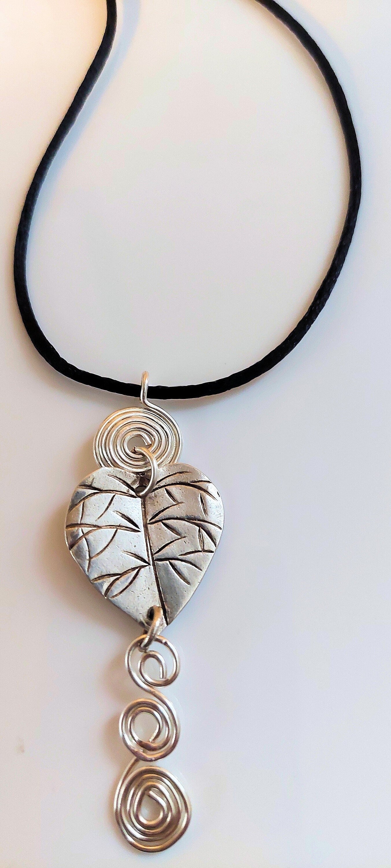 Hill Tribe Silver Leaf with Silver Spirals Accent Pendant Necklace OOAK