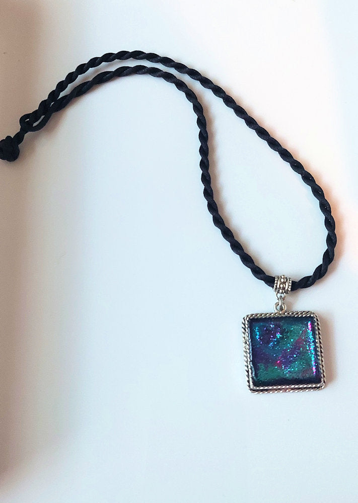 Reversible Square Multi-Colored Glitter in Resin Silver-Plated Pewter Pendant Necklace OOAK