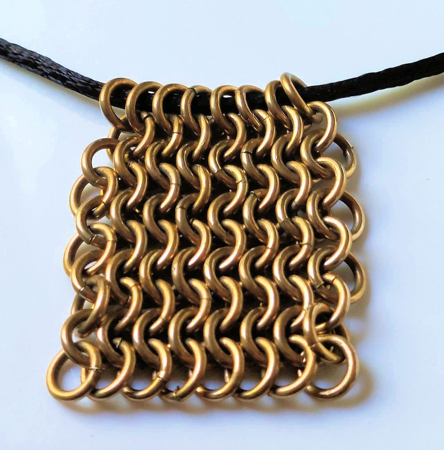 Rectangular European 4-in-1 Brass Chain Maille Pendant on Black Silk Cord Necklace