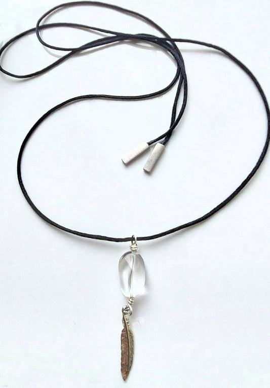 Polished Clear Quartz Stone & Silver-plated Pewter Feather Pendant Necklace