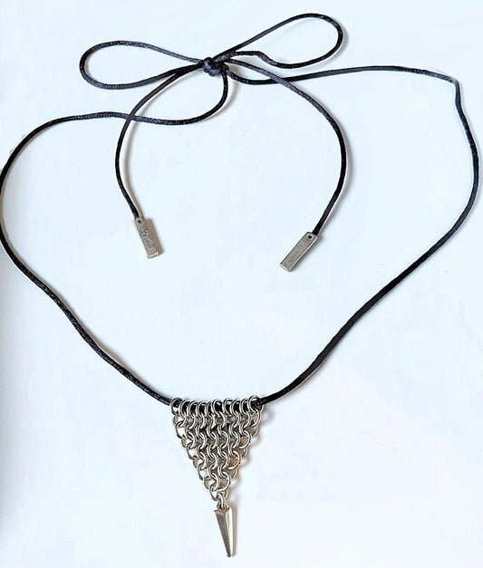 Stainless Steel Chain Maille Leaf/Half-Diamond Pendant w/Silver Spike & Bolo Tie Necklace