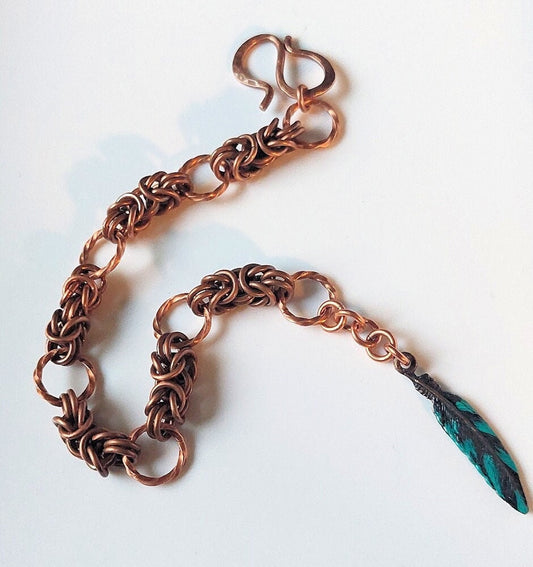 Copper Byzantine Chain Maille Bracelet w/Feather Charm