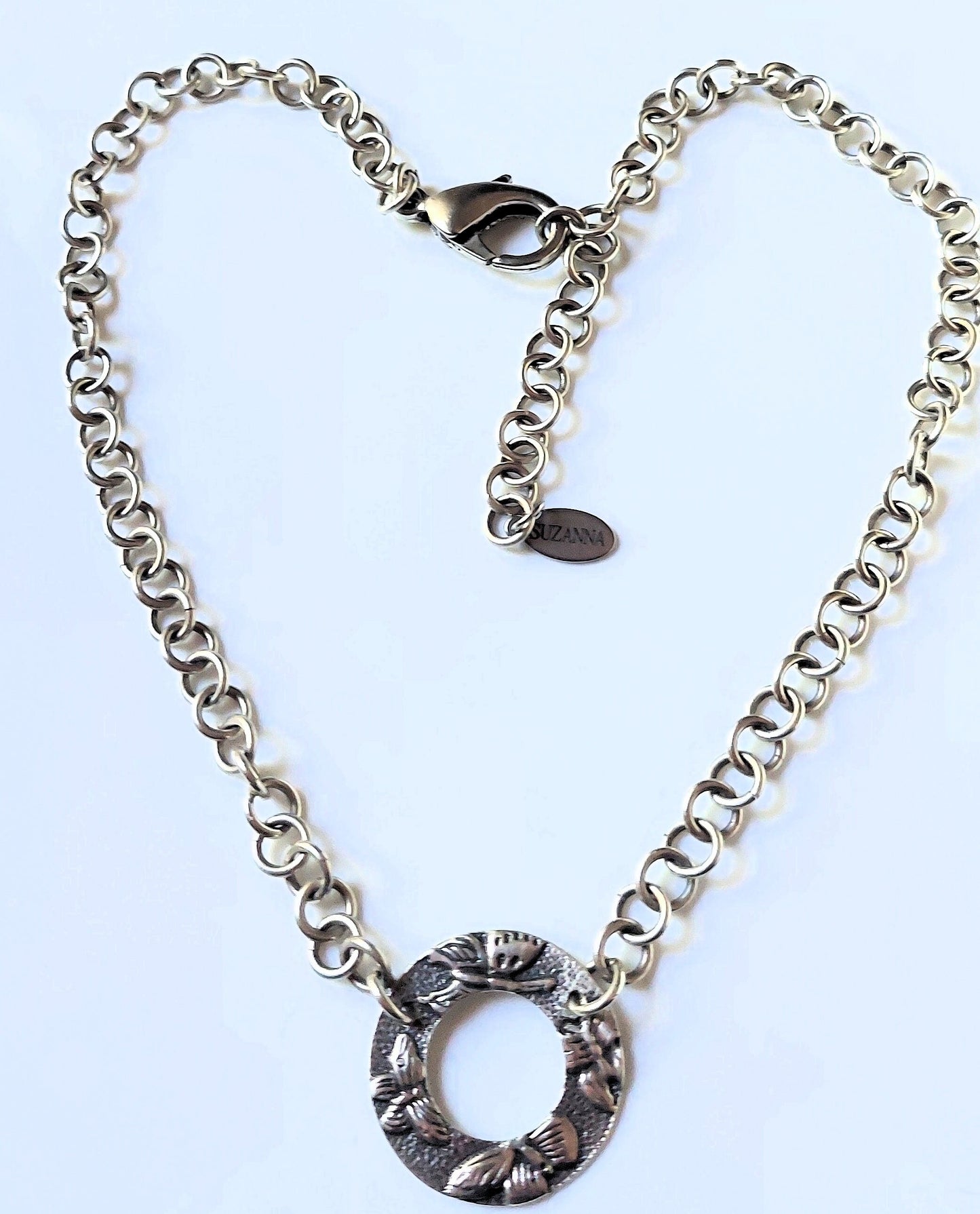 Sterling Silver 1-in-1 Chain Choker Necklace w/Sterling Silver Butterfly Embossed Donut Pendant OOAK