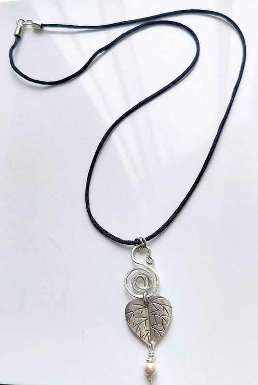 Silver-fill Spiral, Hill Tribe Silver Leaf & Swarovski Crystal Pearl Pendant Necklace OOAK