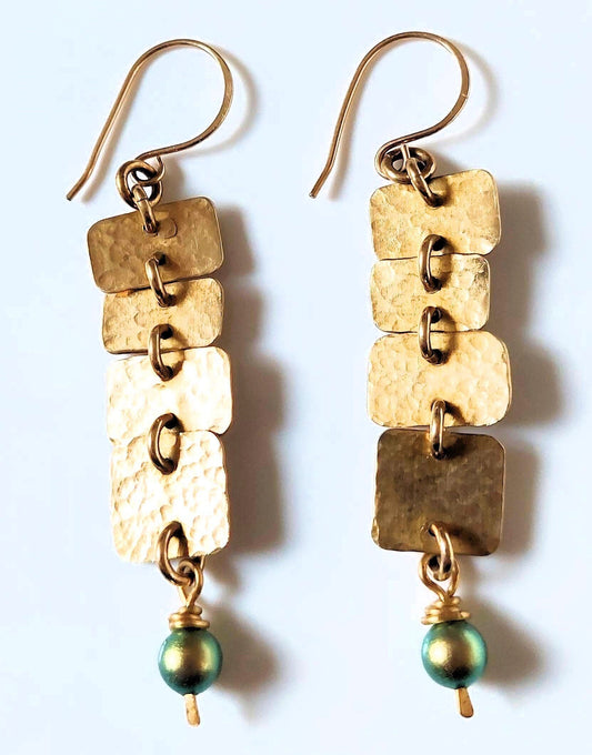 Hammered Bronze Articulated Earrings with Chartreuse Swarovski Crystal Pearl Drop OOAK