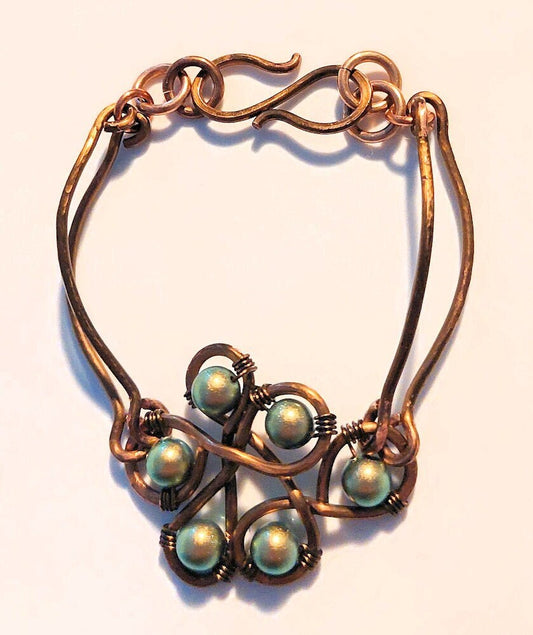 Vintage Bronze Articulated Double Bangle with Six Iridescent Green Swarovski Pearl Bracelet OOAK