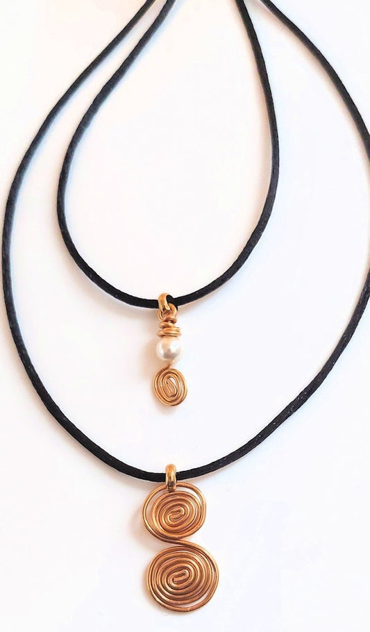 Layered Silk Cord Golden Brass Spiral & Swarovski Crystal Pearl Pendant Necklace OOAK