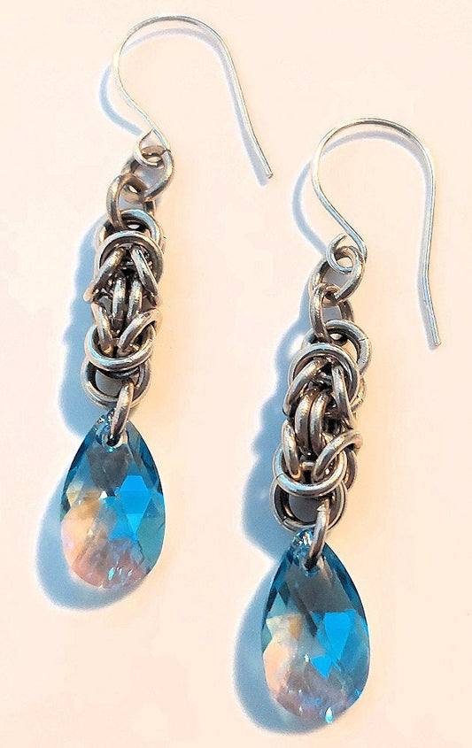 Swarovski Crystal Blue Teardrop Sterling Silver Byzantine Chain Maille Earrings