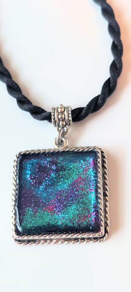 Reversible Square Multi-Colored Glitter in Resin Silver-Plated Pewter Pendant Necklace OOAK