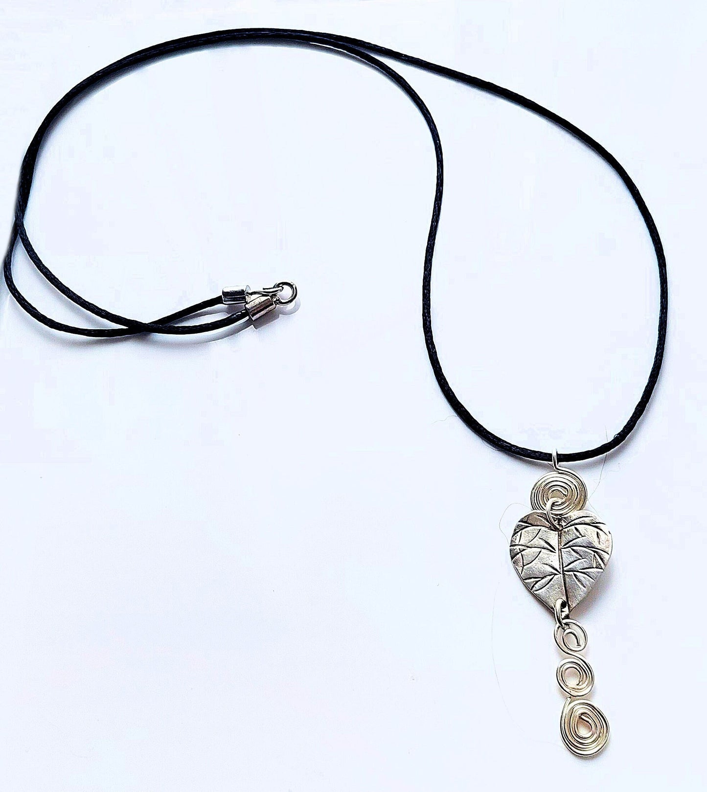 Hill Tribe Silver Leaf with Silver Spirals Accent Pendant Necklace OOAK