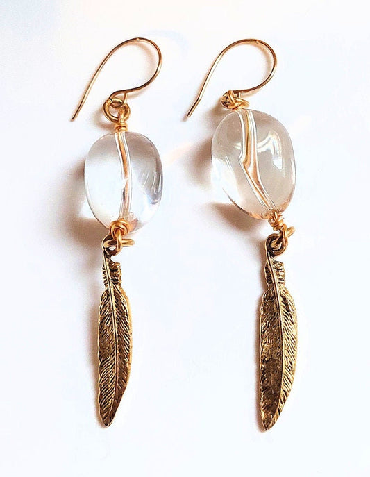 Clear Quartz & Golden Feather Earrings