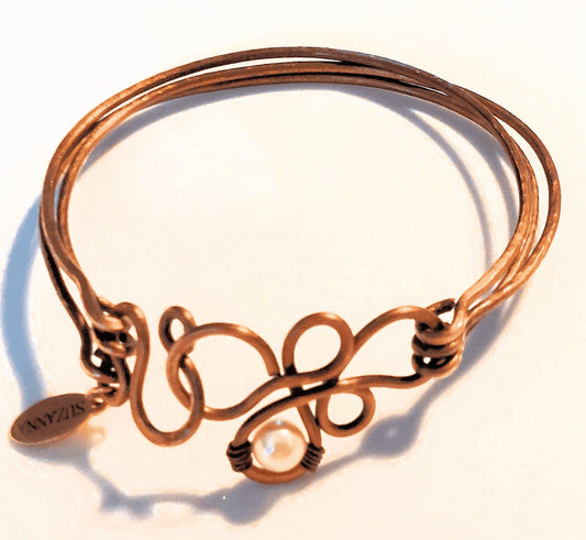 Triple Bangle Vintage Bronze Freeform Focal/Clasp with Swarovski Crystal Pearl Bracelet OOAK