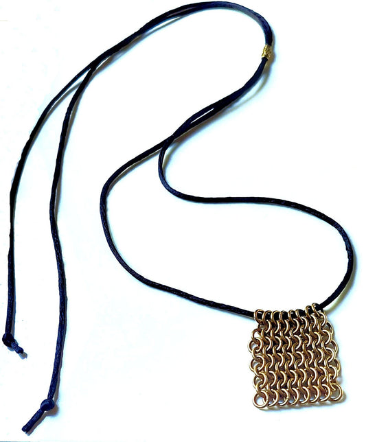 Rectangular European 4-in-1 Brass Chain Maille Pendant on Black Silk Cord Necklace