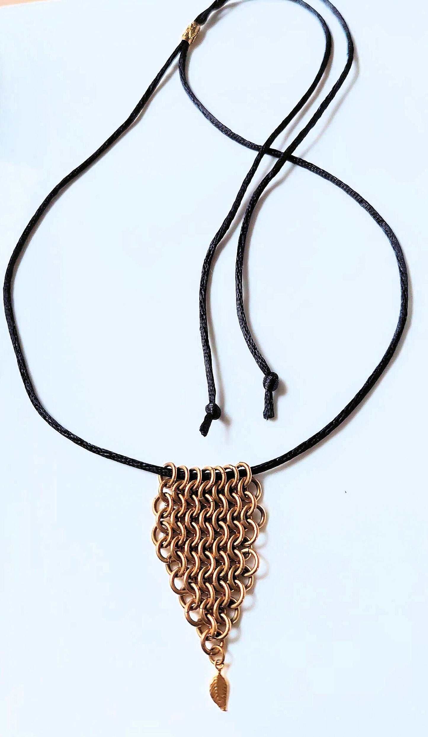 Brass Chain Maille Leaf Pendant with Petite Gold Leaf Drop Necklace