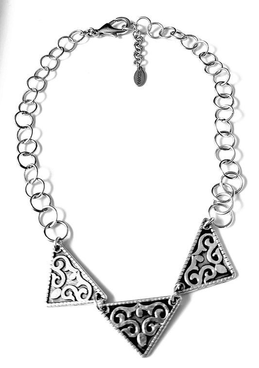 Trio of Antique Silver-plated Ethnic Triangle Pendants with Aluminum 1-in-1 Chain Choker Necklace OOAK