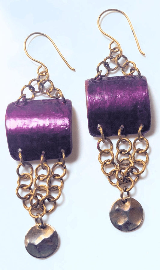 Vibrant Grape Hand Painted Birch Bark & Twisted Brass Earrings OOAK