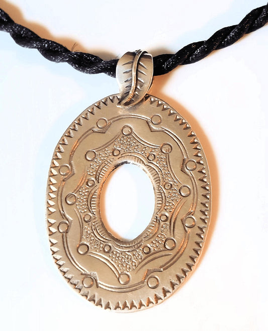 Hill Tribe Fine Silver Oval Donut Pendant on Black Satin Twisted Cord Necklace