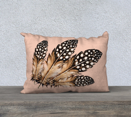 Four Spotted Feathers on Antique Coral Velveteen Decorative Pillow Cover - 20" x 14"